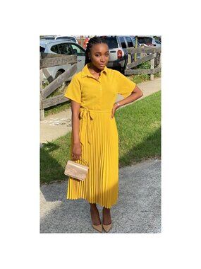 1901 Nordstrom Yellow Pleated Midi Shirtdress Short Sleeve Belted Button Up XL